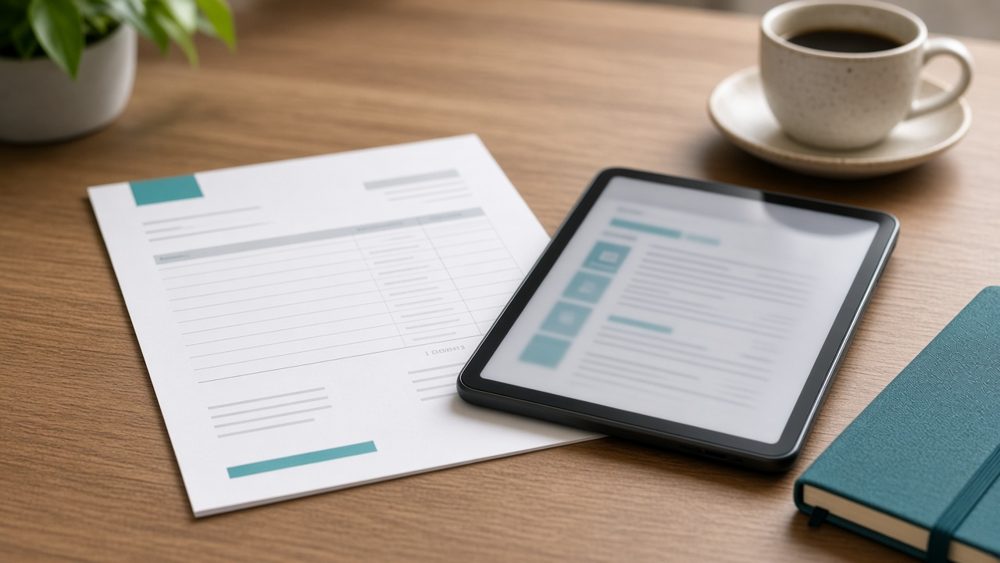 Professional invoice on desk and tablet — invoice without Canva